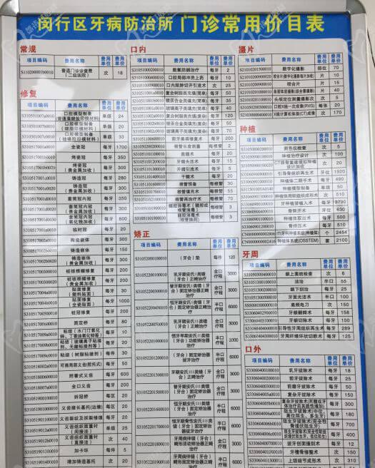 上海闵行区牙防所牙科收费价目表