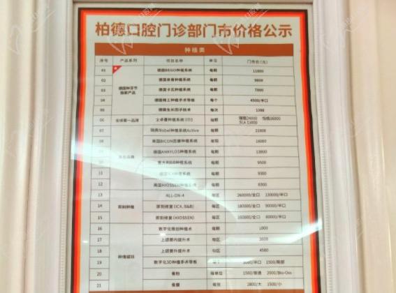 广州柏德口腔价格公示