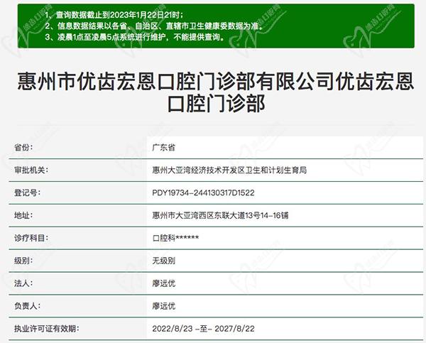 惠州市优齿宏恩口腔门诊部营业资质