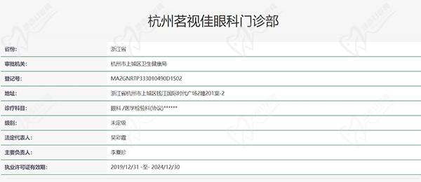 杭州茗视佳眼科门诊部认证