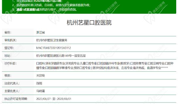 杭州艺星口腔医院资质表