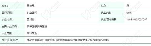 成都美莱王曾思医生执业资质