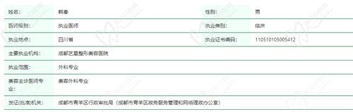 成都艺星整形美容医院韩春医生资质