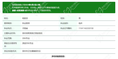 郑州缔莱美医疗美容医院杨胜发资质
