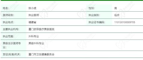 厦门欧菲张小虎医生资质信息