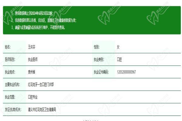 遵义牙一生口腔门诊部王庆芬医生资质认证