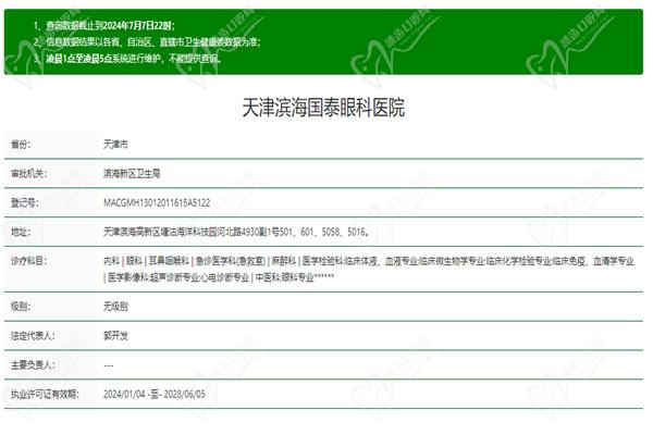 天津滨海国泰眼科医院许可证
