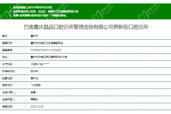 重庆晶品口腔门诊部(界石店)正规资质