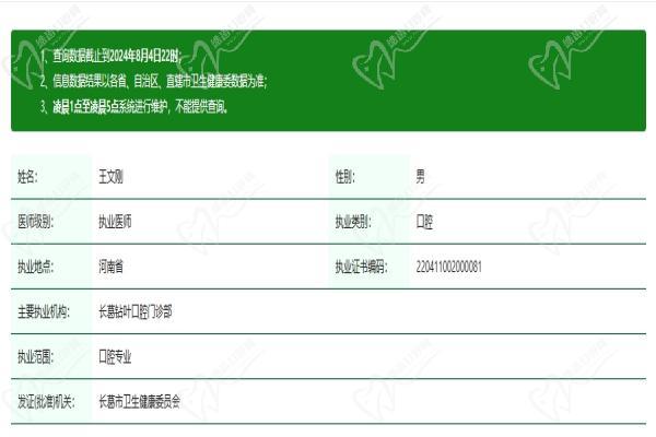 许昌钻叶口腔门诊部(长葛店)王文刚医生资质认证