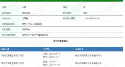 镇江苏王金铺医生资质信息
