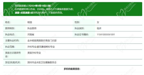 郑州杨丽美颜医疗美容门诊部杨丽医生资质