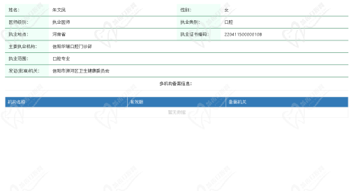 信阳华瑞口腔医院朱文凤医生资质查询