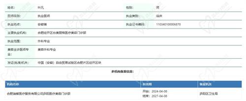 合肥台美丽格叶凡医生资质 合肥台美丽格叶凡医生资质