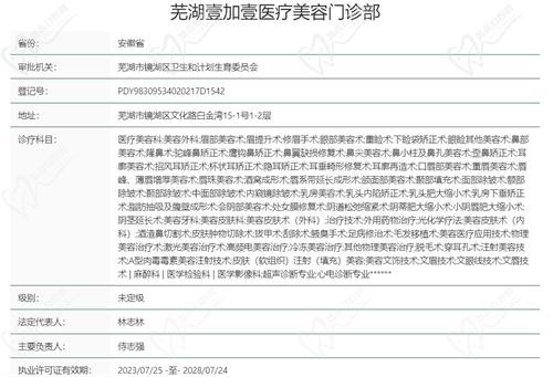 芜湖壹加壹医疗美容门诊部基本资质信息