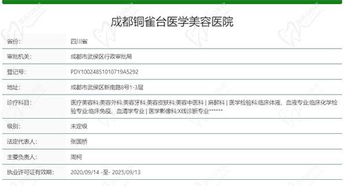 成都铜雀台医学美容医院基本资质信息