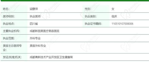 成都新丽美医疗美容医院梁静萍医生资质信息