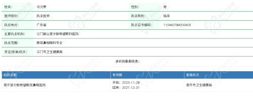 江门鹤山爱尔新希望眼科医院马文贵医生资质 江门鹤山爱尔新希望眼科医院马文贵医生资质