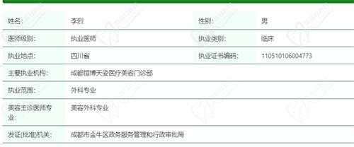 成都恒博天姿整形医院李烈医生资质信息