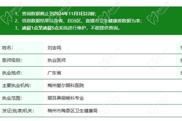 梅州爱尔眼科医院刘金鸣医生资质认证