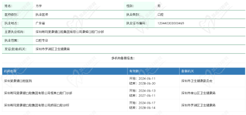 深圳爱康健口腔医院方宇医生资质