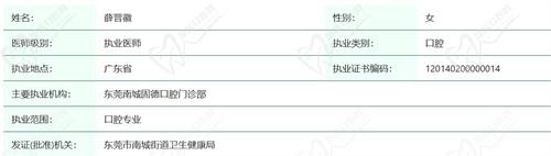 东莞固德口腔门诊部薛晋徽医生资质查询