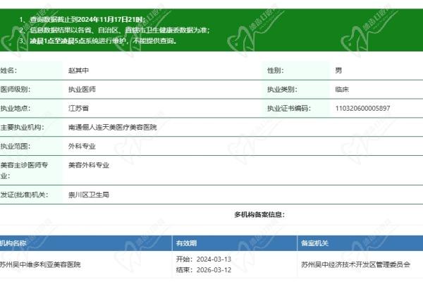 南通俪人连天美医疗美容医院赵其中医生资质认证