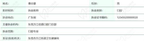 东莞莞口口腔医院曹志雄医生资质查询
