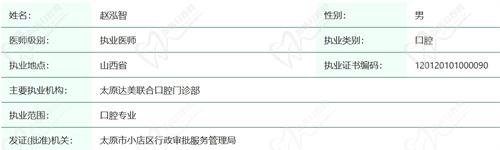 太原达美联合口腔门诊赵泓智医生资质查询