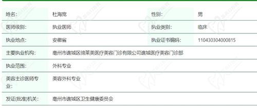 亳州缔莱美杜海宽医生正规资质信息