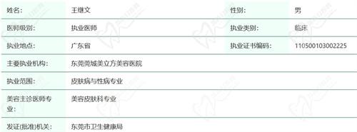东莞美立方美容医院王继文医生资质查询