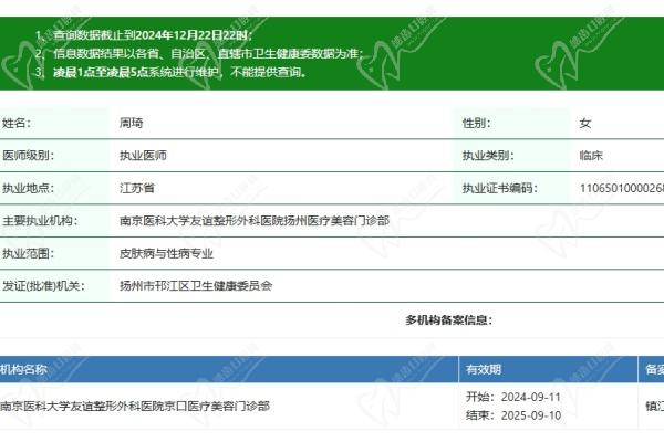 江苏扬州友谊整形医院周琦医生资质认证