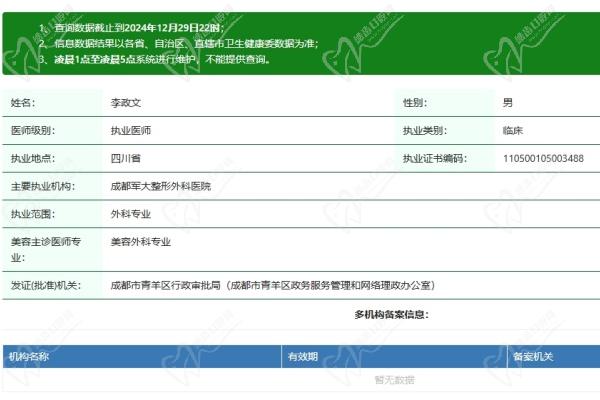 成都军大整形外科医院李政文医生资质认证