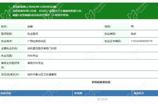 桂林星范医疗美容门诊部赵峰医生资质认证
