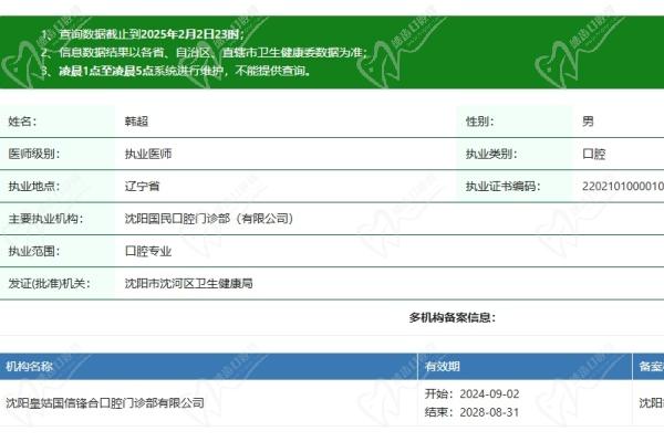 沈阳国民口腔门诊部韩超医生资质认证