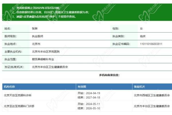 北京至亮眼科门诊部张琳医生资质认证