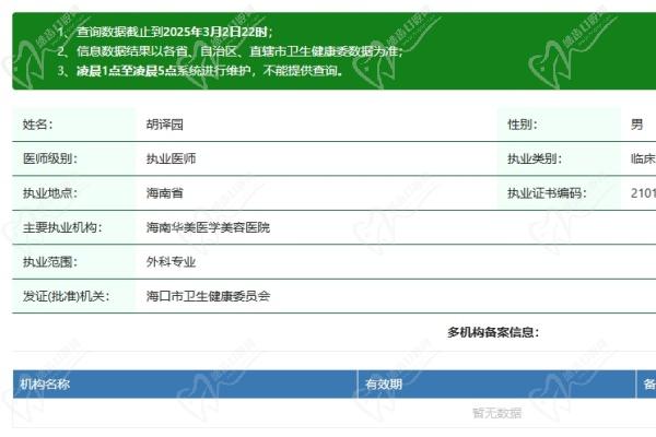 海南华美医学美容医院胡译园医生资质认证