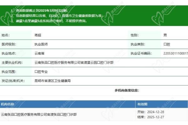 昆明张品口腔门诊部(星云园店)蒋超医生资质认证 昆明张品口腔门诊部(星云园店)蒋超医生资质认证