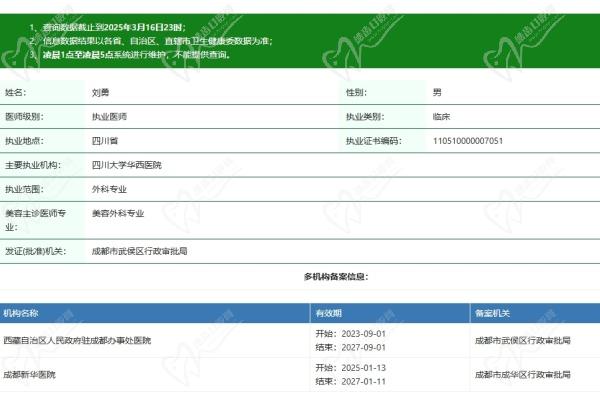 成都新华医院整形美容科刘勇医生资质认证