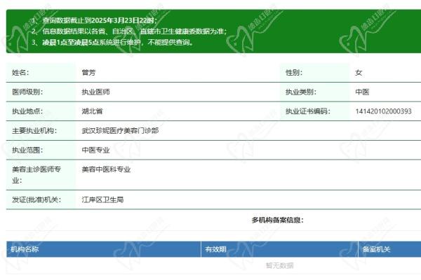 武汉珍妮医疗美容门诊部曾芳医生资质认证