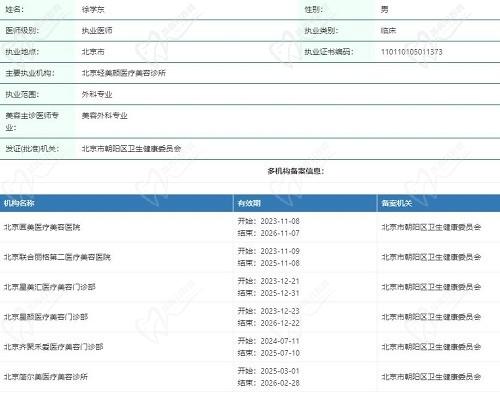 徐学东医生在哪家医院?在北京多机构执业画美/联合丽格等都有坐诊